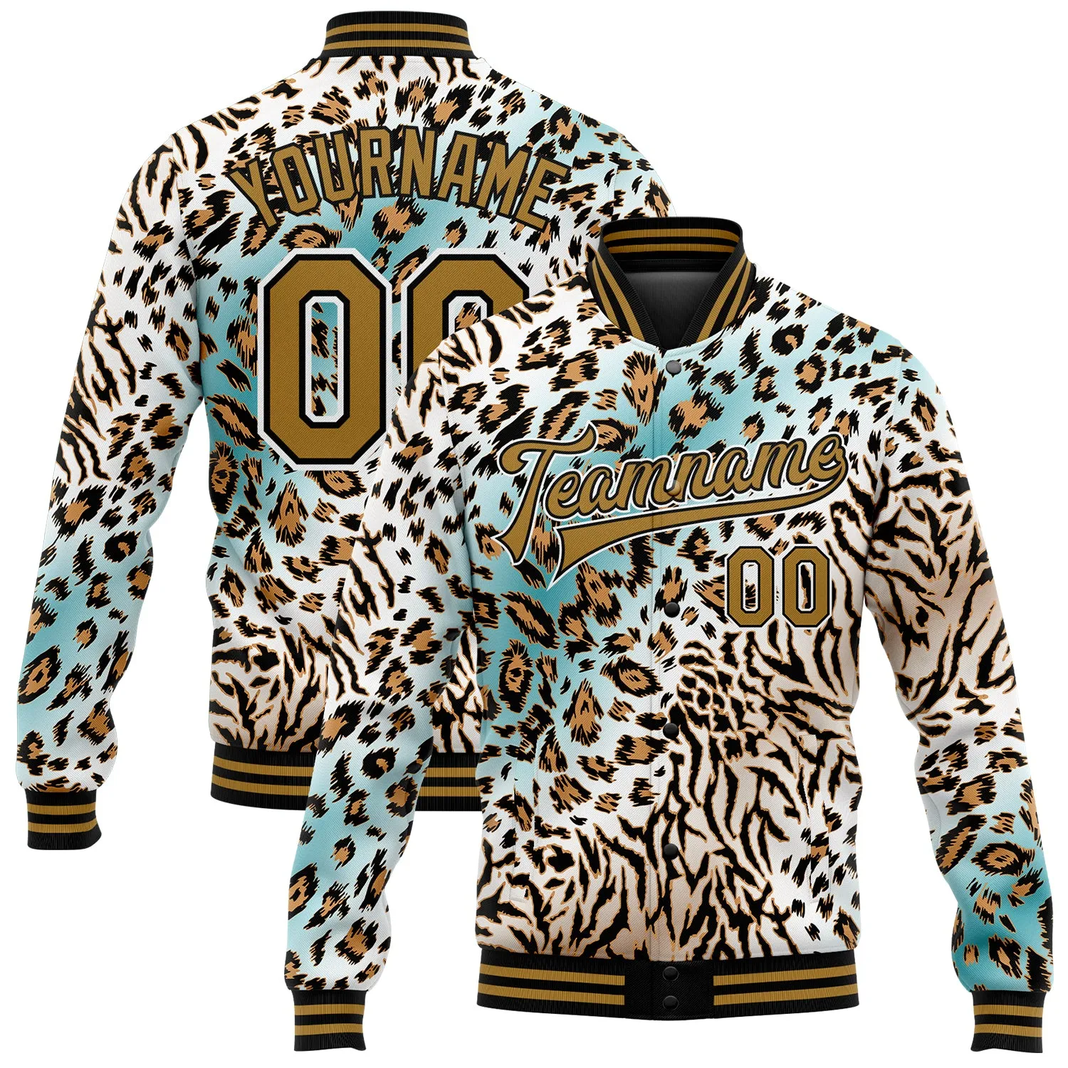 Custom White Black-Old Gold Leopard Print 3D Pattern Design Bomber Full-Snap Varsity Letterman Jacket