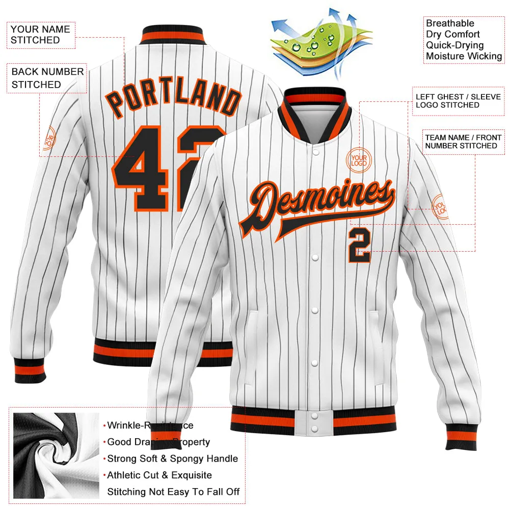 Custom White Black Pinstripe Black-Orange Bomber Full-Snap Varsity Letterman Jacket