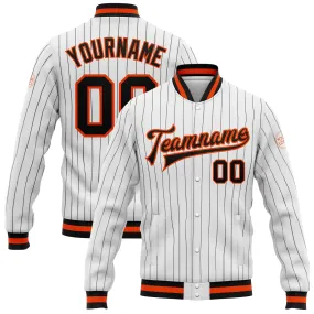 Custom White Black Pinstripe Black-Orange Bomber Full-Snap Varsity Letterman Jacket