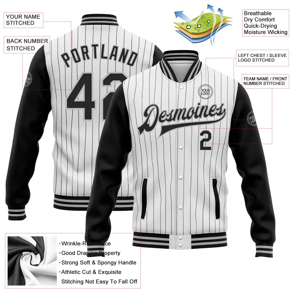 Custom White Black Pinstripe Gray Bomber Full-Snap Varsity Letterman Two Tone Jacket