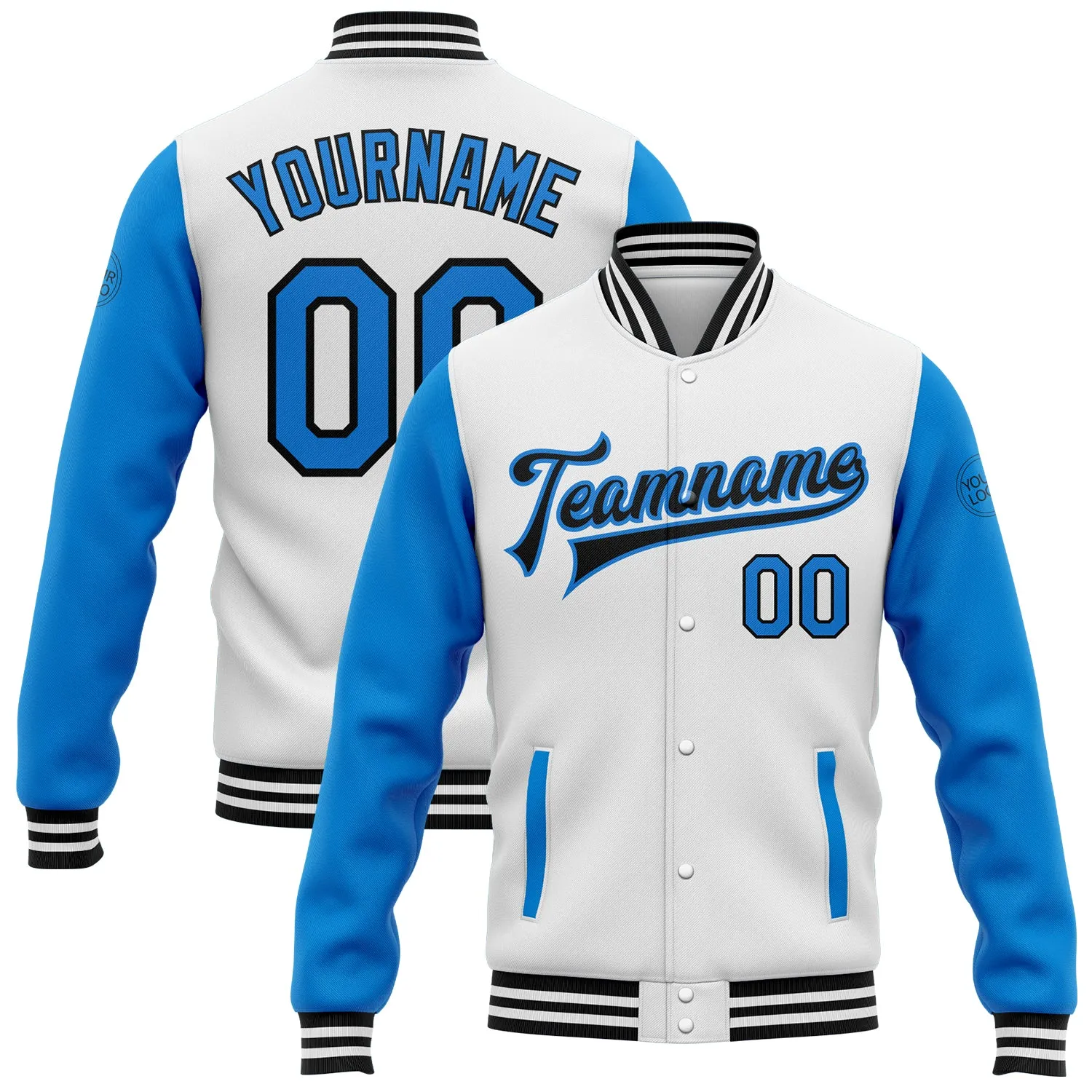 Custom White Powder Blue-Black Bomber Full-Snap Varsity Letterman Two Tone Jacket