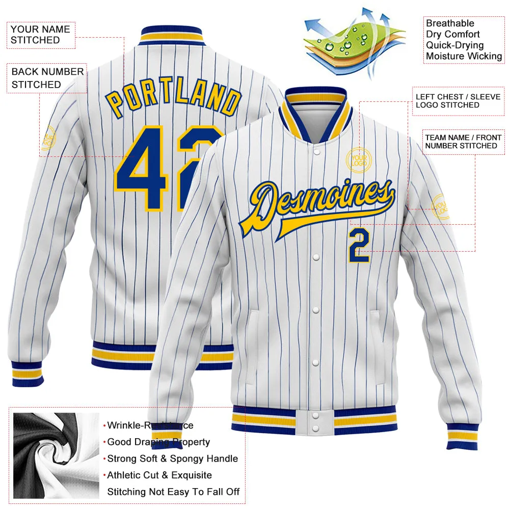 Custom White Royal Pinstripe Yellow Bomber Full-Snap Varsity Letterman Jacket