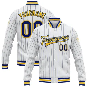 Custom White Royal Pinstripe Yellow Bomber Full-Snap Varsity Letterman Jacket