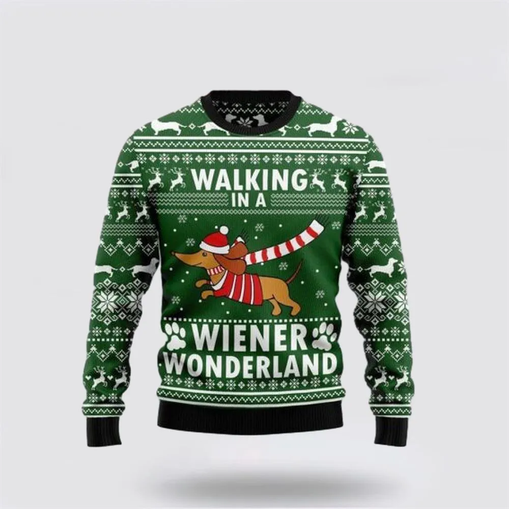 Dachshund Dog Walking In A Wiener Wonderland Ugly Christmas Sweater For Men And Women, Gift For Christmas, Best Winter Christmas Outfit