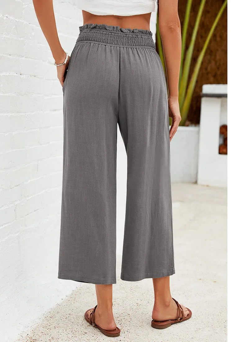 Dark Gray Women's High Waisted Wide Leg Elastic Waist Linen Palazzo Pants Pull On Smock Waist Baggy Fit Trousers