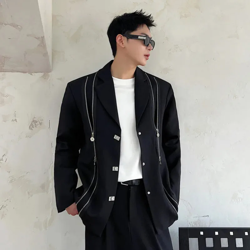 Dark Style Luxury Men Blazers Trendy Double Zipper Decoration Suit Jacket New Stylish Menwear Casual Clothing 9C1676