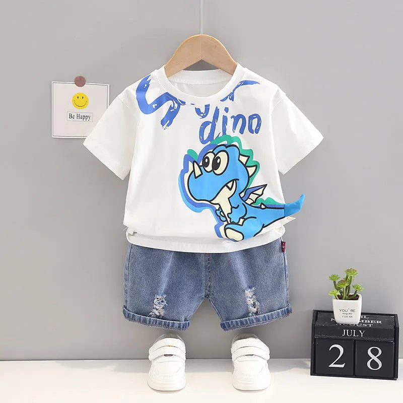 Dinosaur Graphics Cotton T-shirts Shirt & Denim Shorts