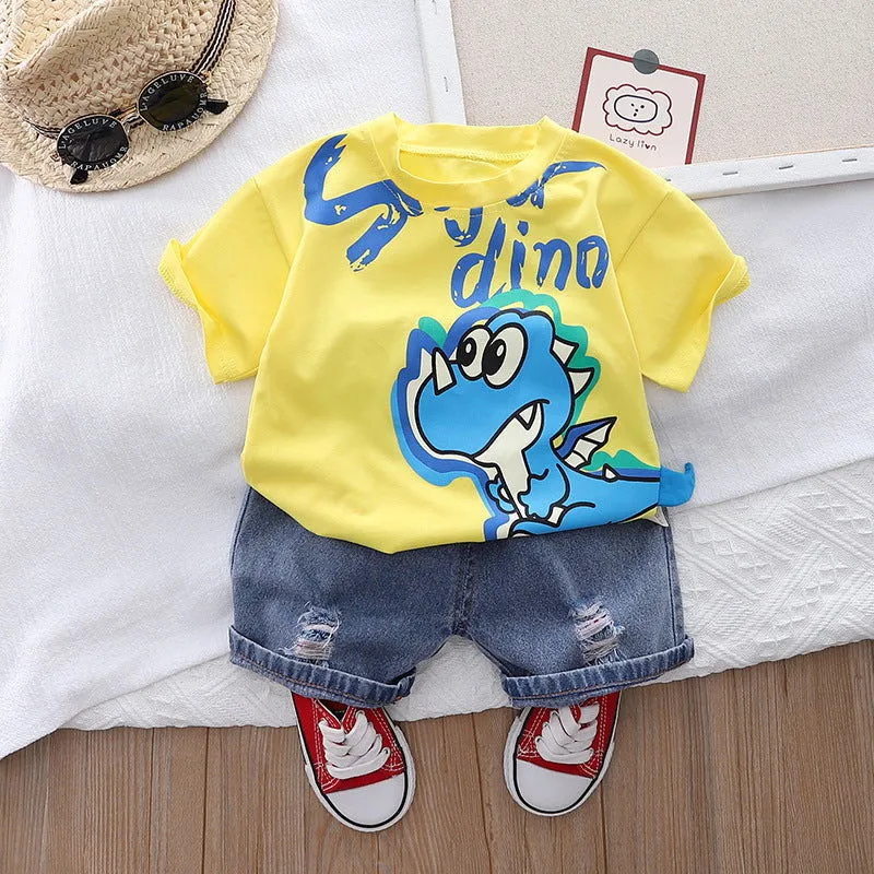 Dinosaur Graphics Cotton T-shirts Shirt & Denim Shorts