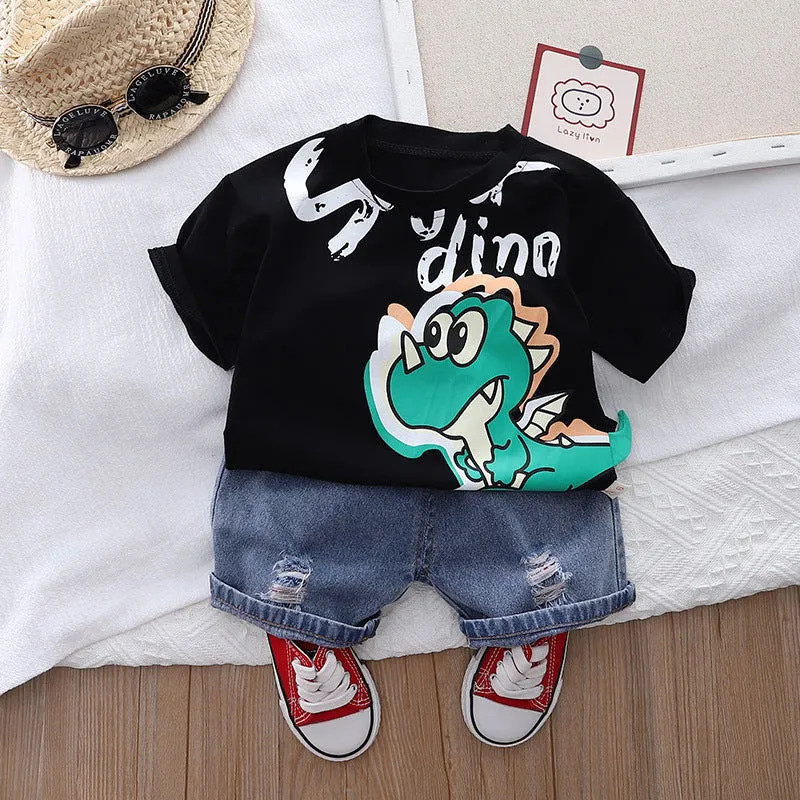 Dinosaur Graphics Cotton T-shirts Shirt & Denim Shorts