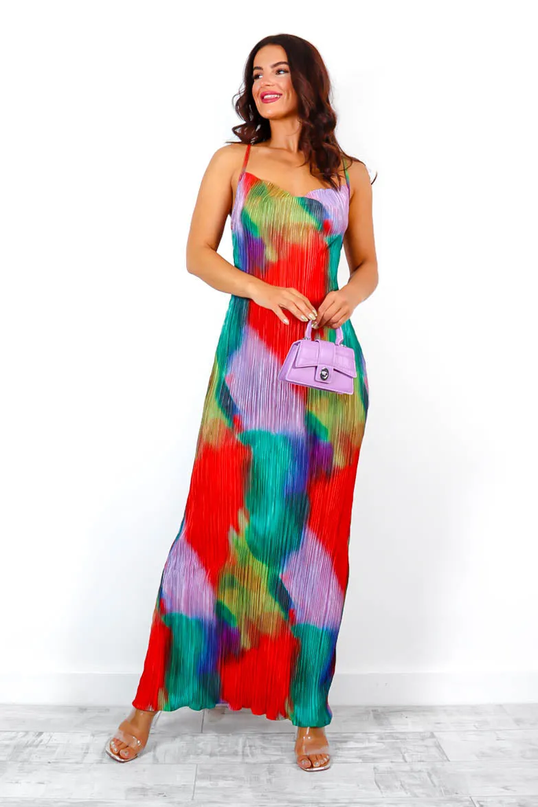 Do As I Plisse - Green Lilac Abstract Plisse Cowl Maxi Dress