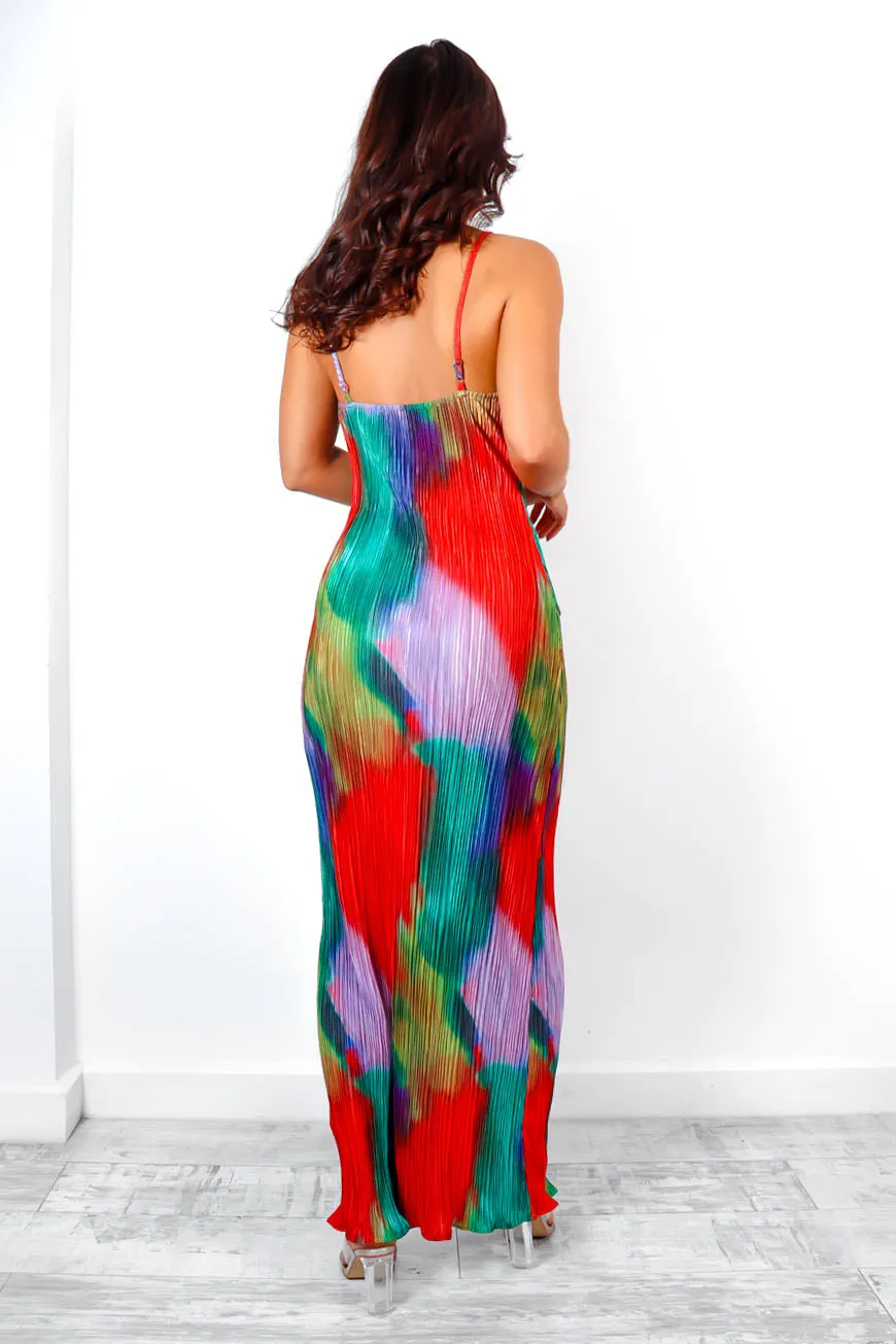 Do As I Plisse - Green Lilac Abstract Plisse Cowl Maxi Dress