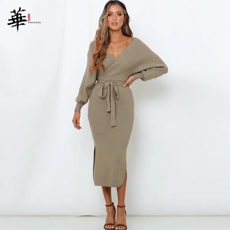 Elegant Cross Belt Sweater Long Sleeve Dress