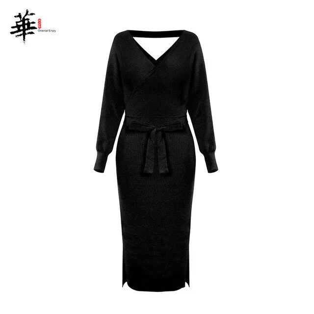 Elegant Cross Belt Sweater Long Sleeve Dress