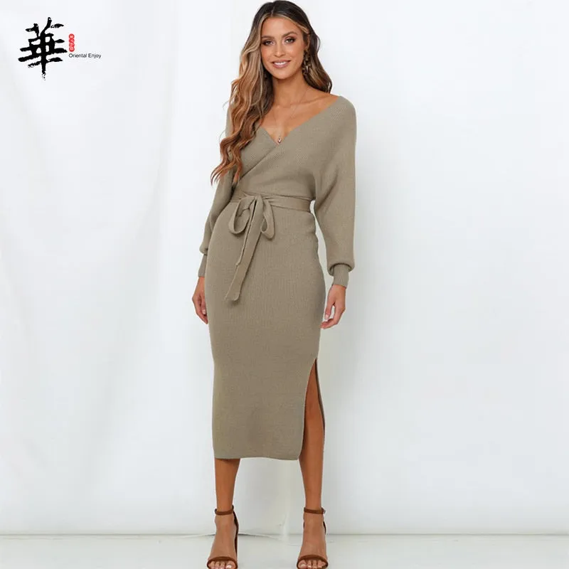 Elegant Cross Belt Sweater Long Sleeve Dress