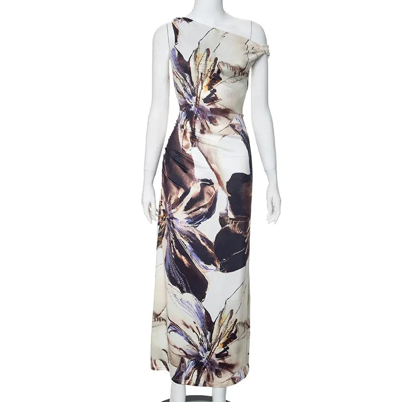 Elegant Print Bodycon One Shoulder Sleeveless Maxi Dress - Summer Party Outfit