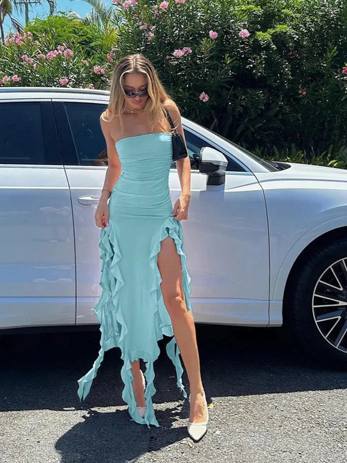 Elegant Strapless Dress Women Irregular Tassel 2023 Summer Trend Skinny Split Maxi Bodycon dress