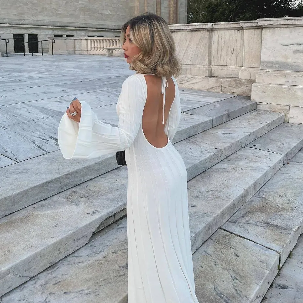 Elegant White Knitted Flare Long Sleeve Bodycon Maxi Dress