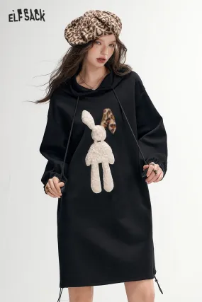 ELFSACK 2024 Autumn New Arrivals Plush rabbit hooded sweater dress for women, casual loose dress