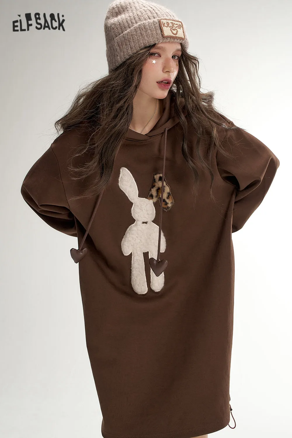 ELFSACK 2024 Autumn New Arrivals Plush rabbit hooded sweater dress for women, casual loose dress