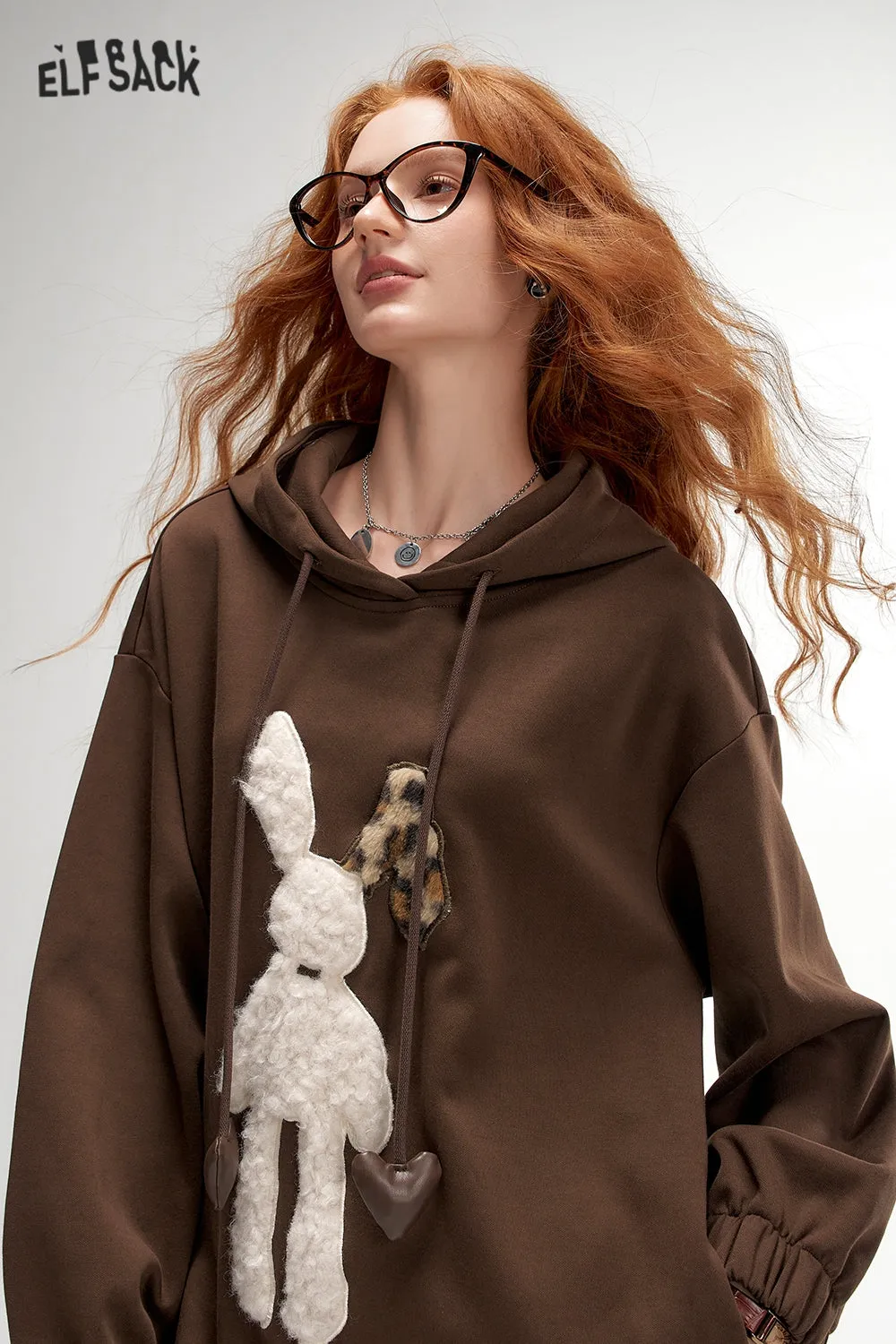 ELFSACK 2024 Autumn New Arrivals Plush rabbit hooded sweater dress for women, casual loose dress