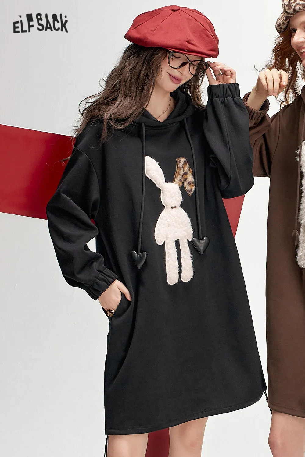 ELFSACK 2024 Autumn New Arrivals Plush rabbit hooded sweater dress for women, casual loose dress