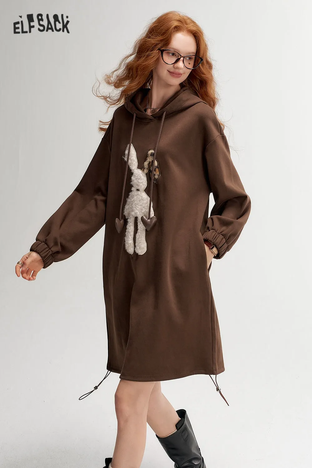 ELFSACK 2024 Autumn New Arrivals Plush rabbit hooded sweater dress for women, casual loose dress