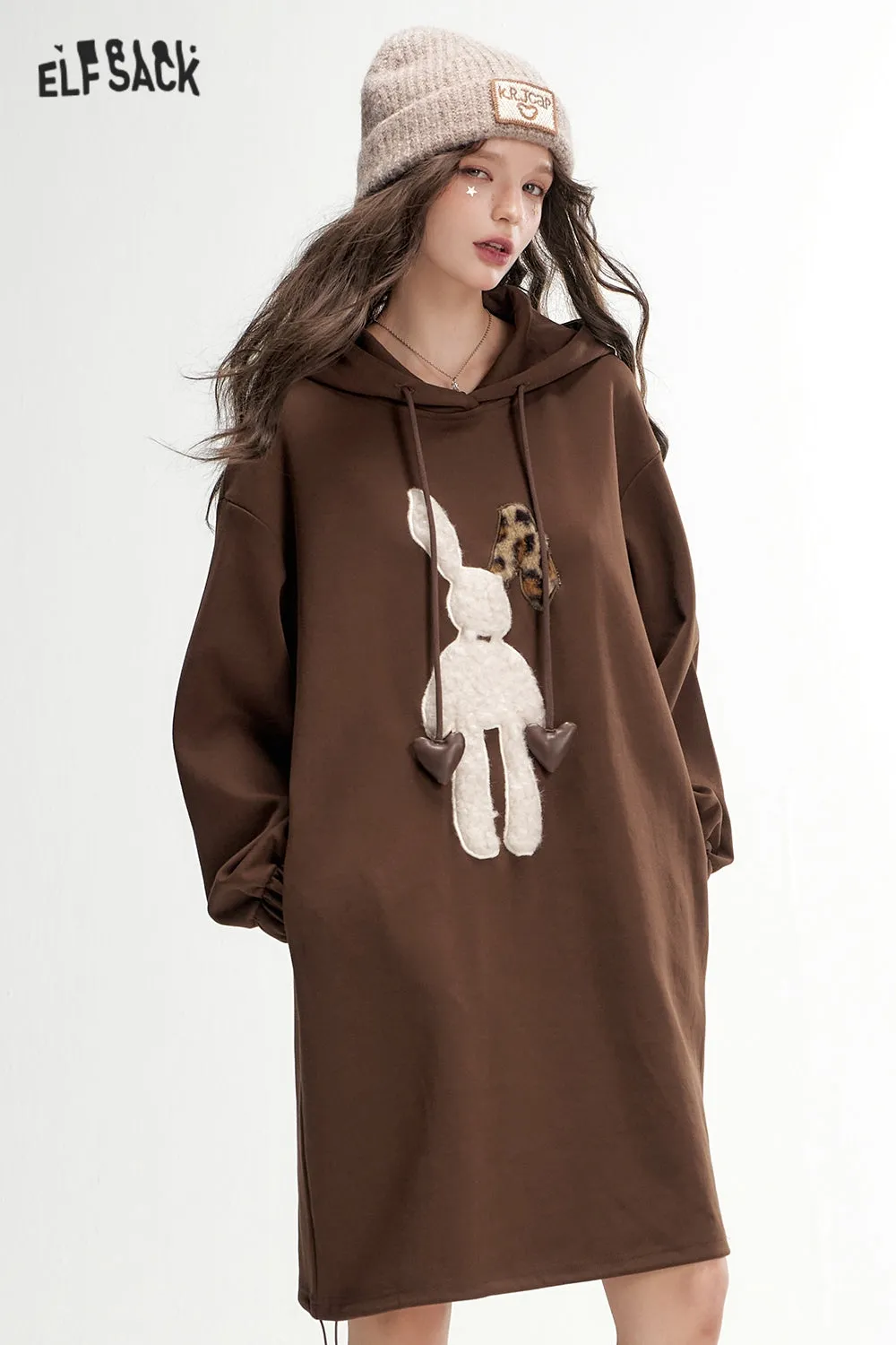 ELFSACK 2024 Autumn New Arrivals Plush rabbit hooded sweater dress for women, casual loose dress