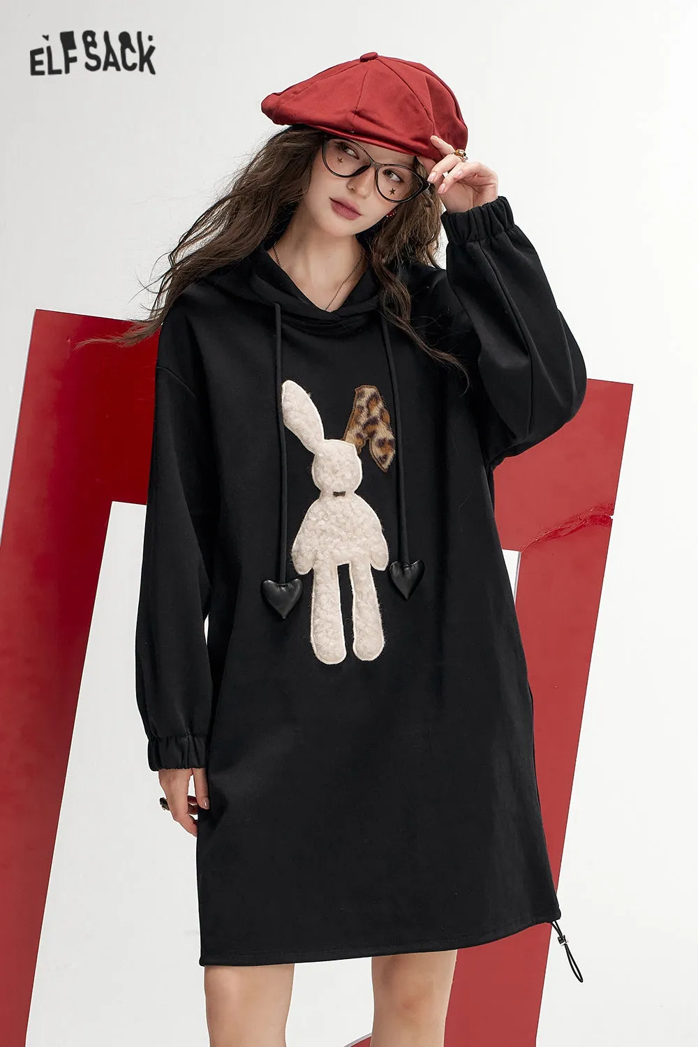 ELFSACK 2024 Autumn New Arrivals Plush rabbit hooded sweater dress for women, casual loose dress