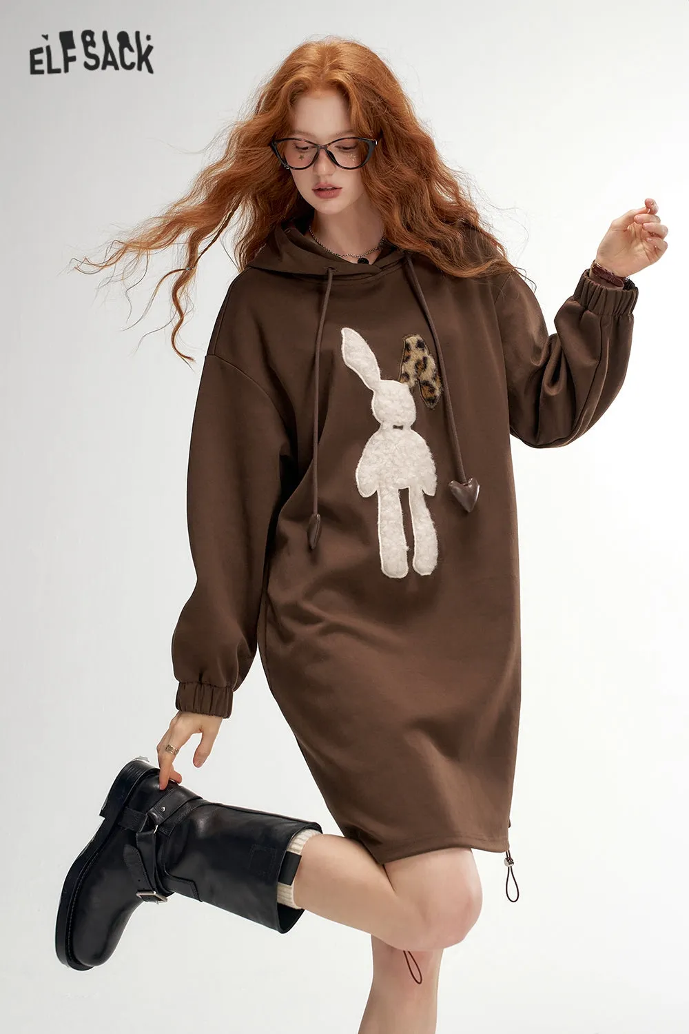 ELFSACK 2024 Autumn New Arrivals Plush rabbit hooded sweater dress for women, casual loose dress