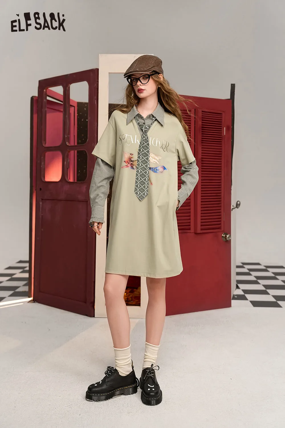 ELFSACK 2024 Autumn New Arrive College Khaki Fake Two-piece Plaid Splicing Printed Design Sweater Dress for Women