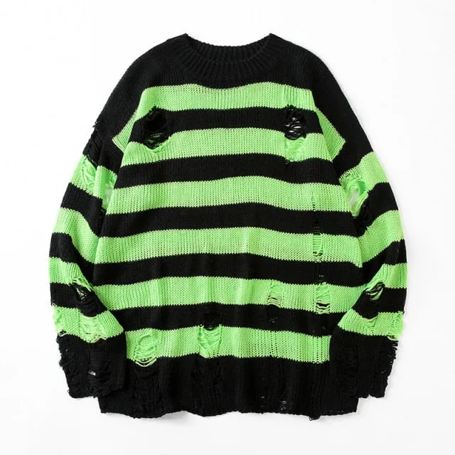 Fall Winter Striped Long Sleeve Crew Neck Ribbed Knit Oversized Pullover Sweater