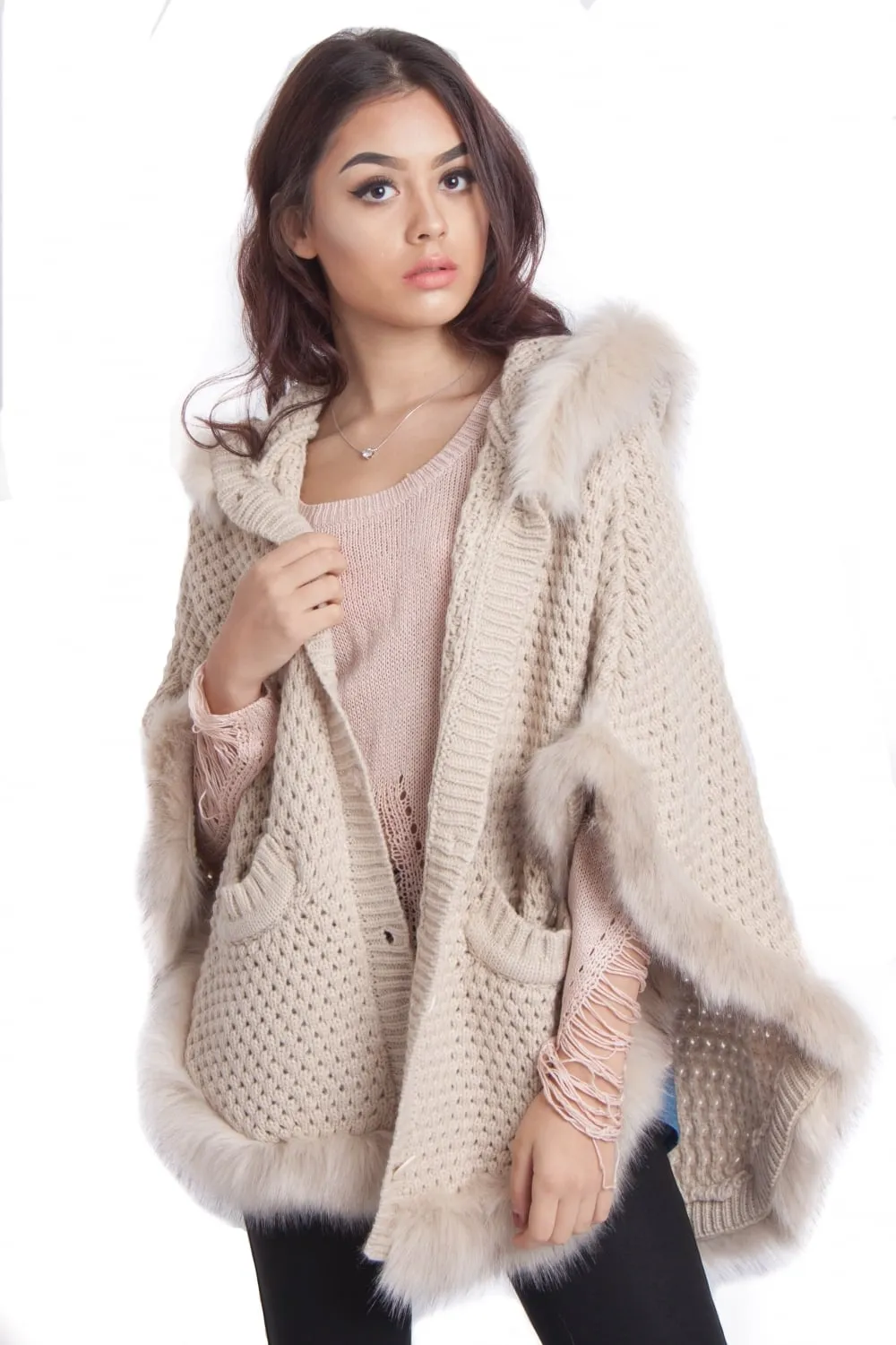 Faux Fur Knitted Hood Poncho