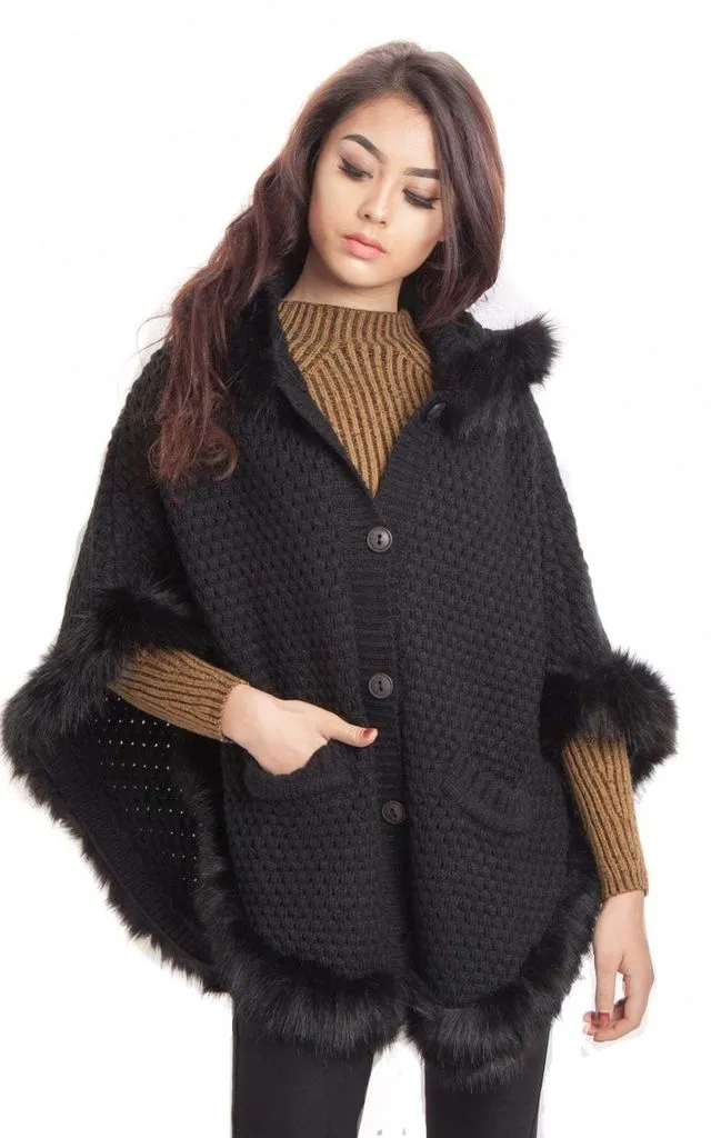 Faux Fur Knitted Hood Poncho