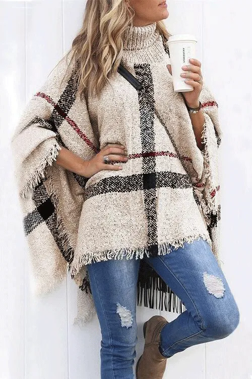 Febedress Chicest Tassel Lattice Cloak Poncho Sweater