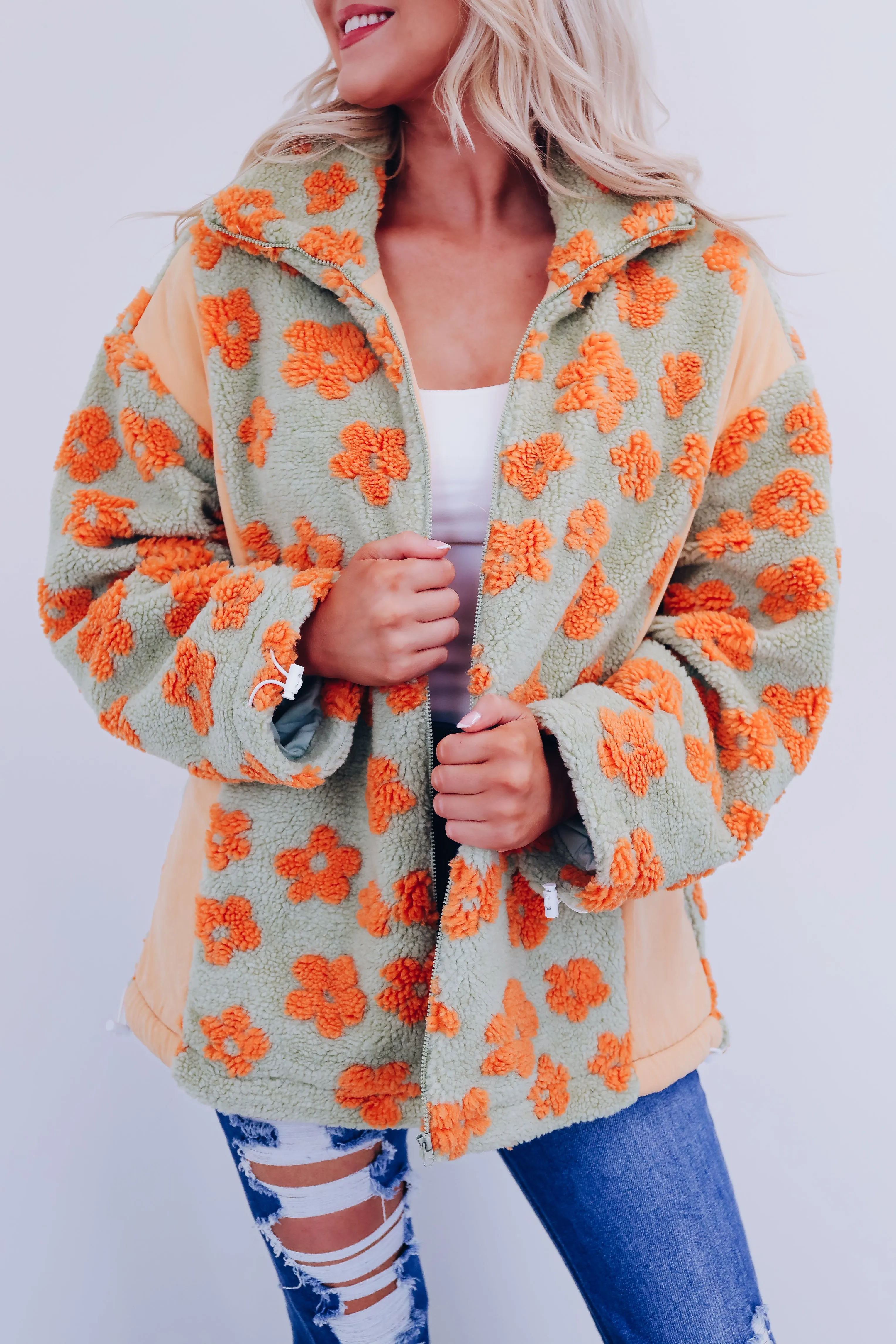 Floral Flair Sherpa Jacket - Orange