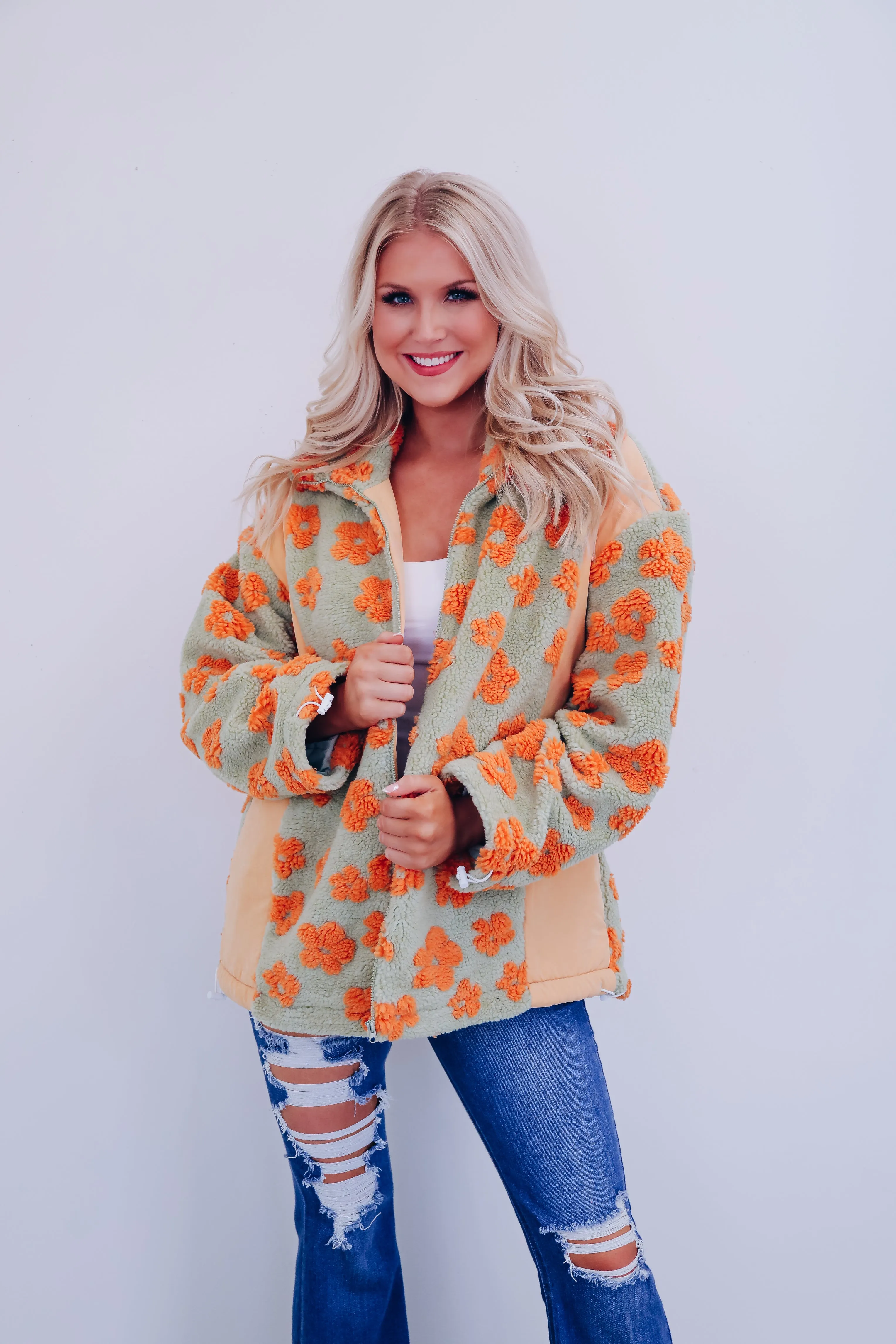 Floral Flair Sherpa Jacket - Orange