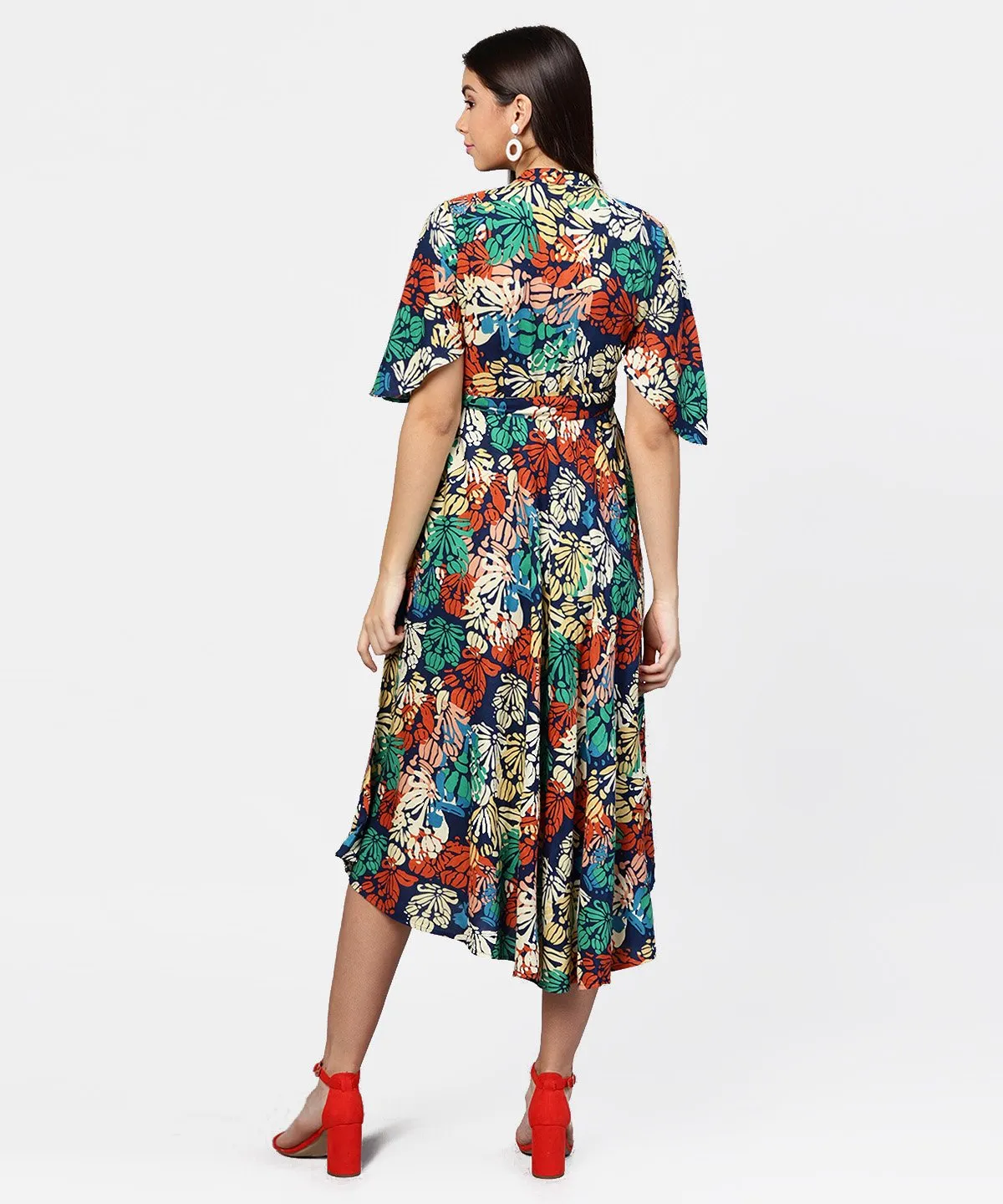 Floral Printed Chinese Collared With Attached Belt And 3/4Th Sleeves Maxi Dress