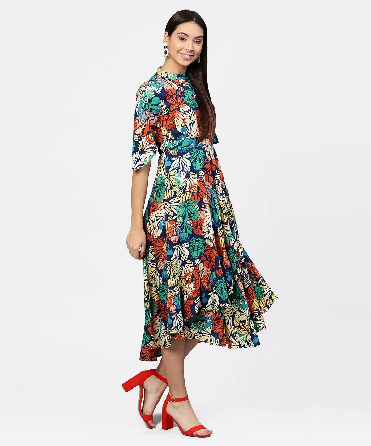 Floral Printed Chinese Collared With Attached Belt And 3/4Th Sleeves Maxi Dress