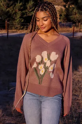 Flowers For You Oversized V-Neck Bouquet Sweater - Chocolate/Multi