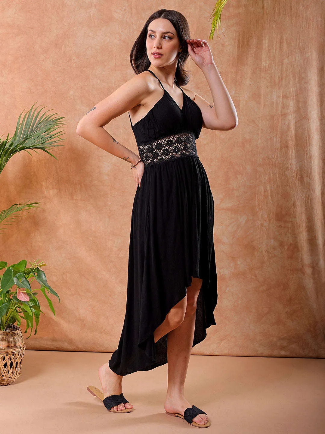 Freehand Women Black Fit And Flare Solid V-Neck Maxi Dress