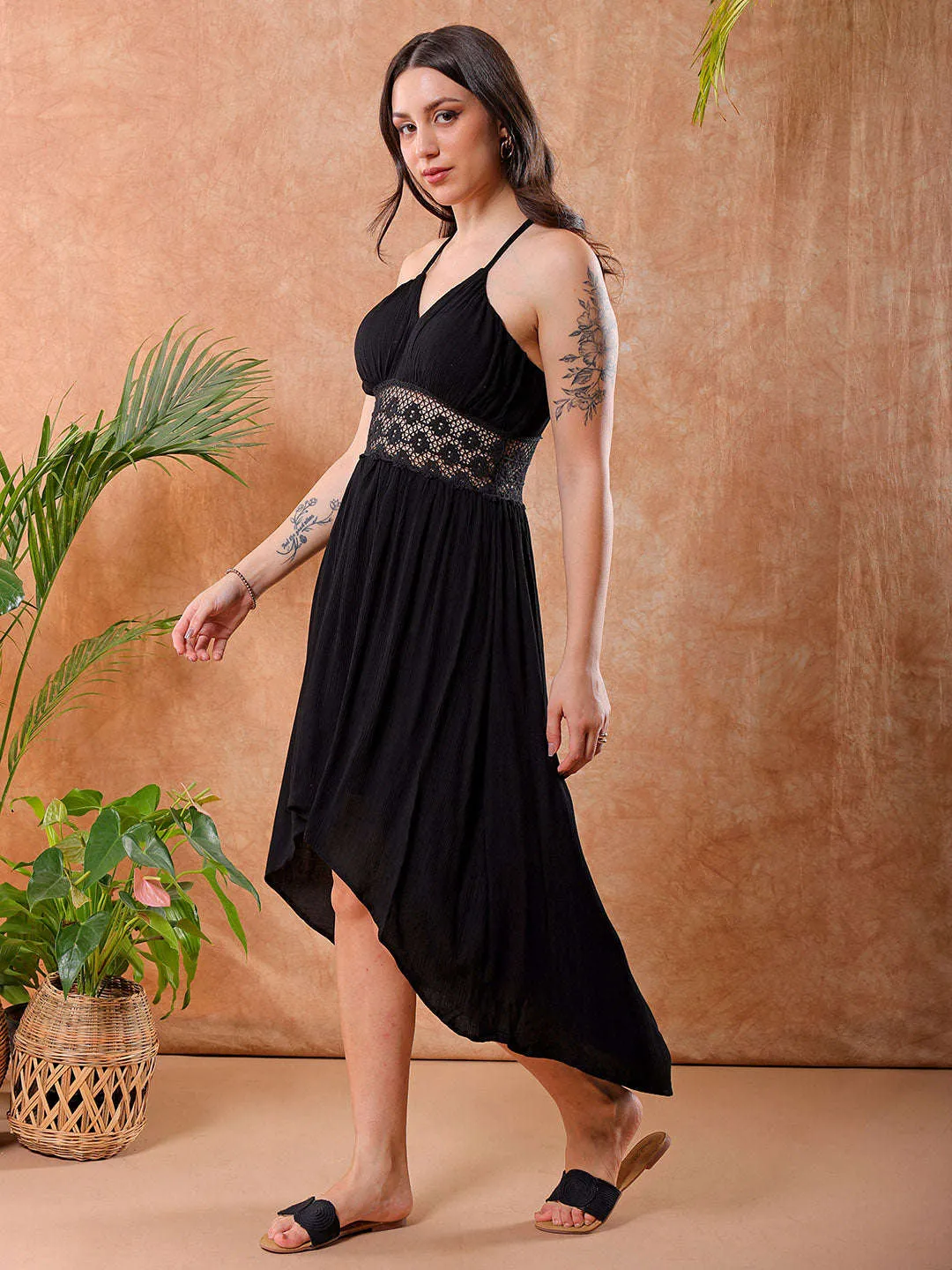 Freehand Women Black Fit And Flare Solid V-Neck Maxi Dress