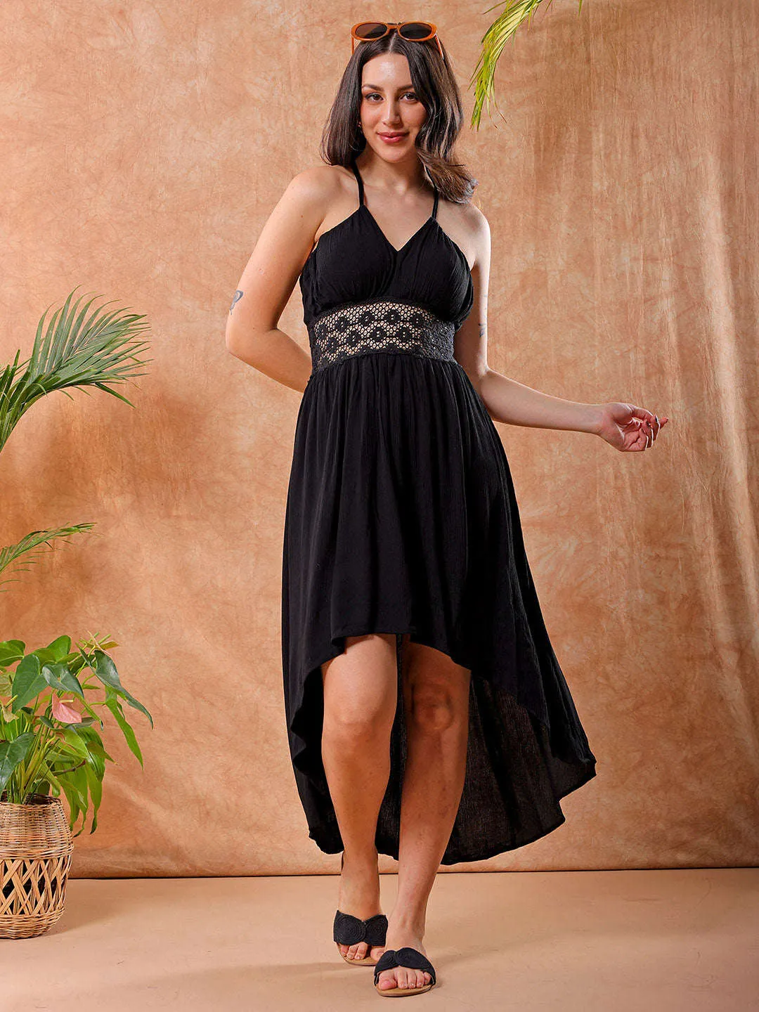 Freehand Women Black Fit And Flare Solid V-Neck Maxi Dress