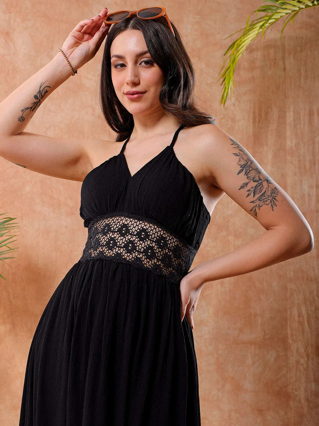 Freehand Women Black Fit And Flare Solid V-Neck Maxi Dress