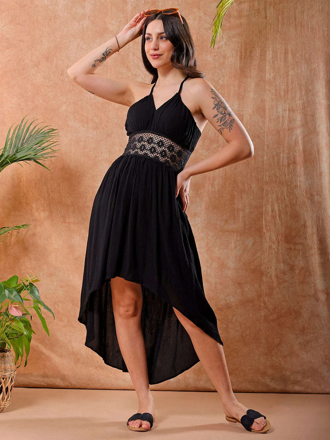 Freehand Women Black Fit And Flare Solid V-Neck Maxi Dress