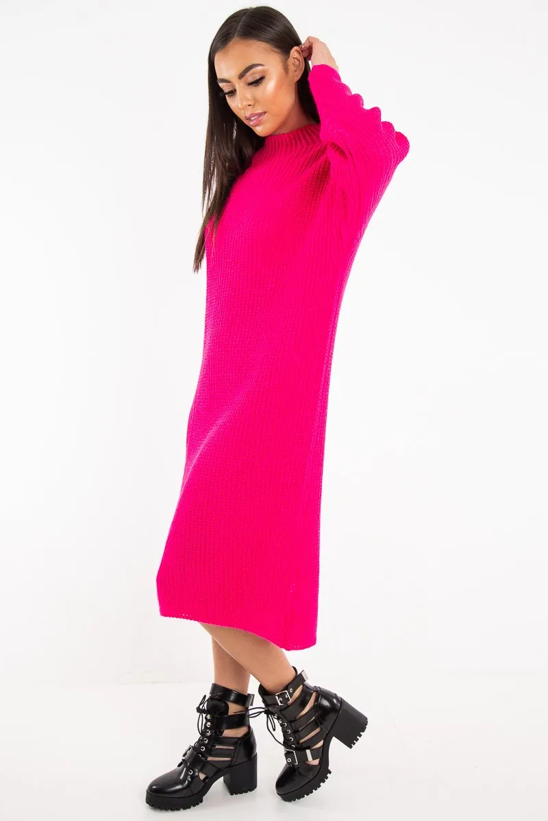 Fuchsia Chunky Knit Slash Neck Jumper Dress - Hessie