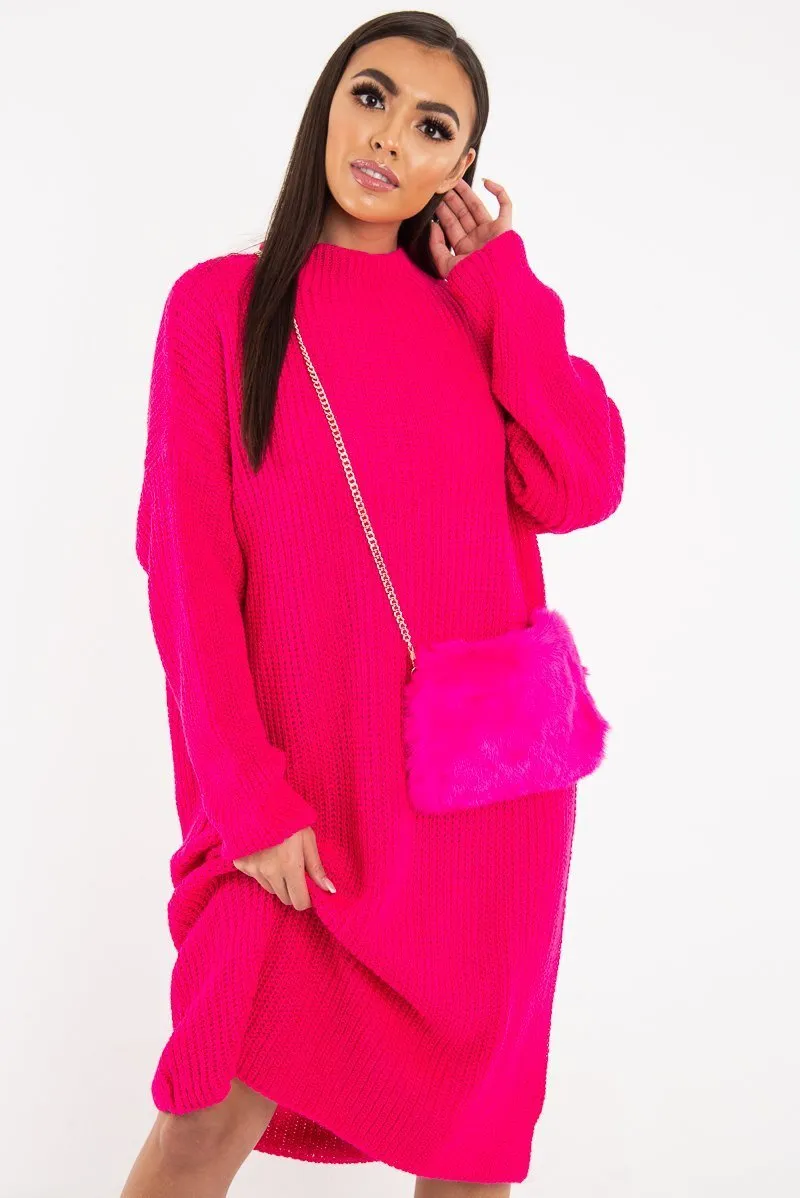 Fuchsia Chunky Knit Slash Neck Jumper Dress - Hessie