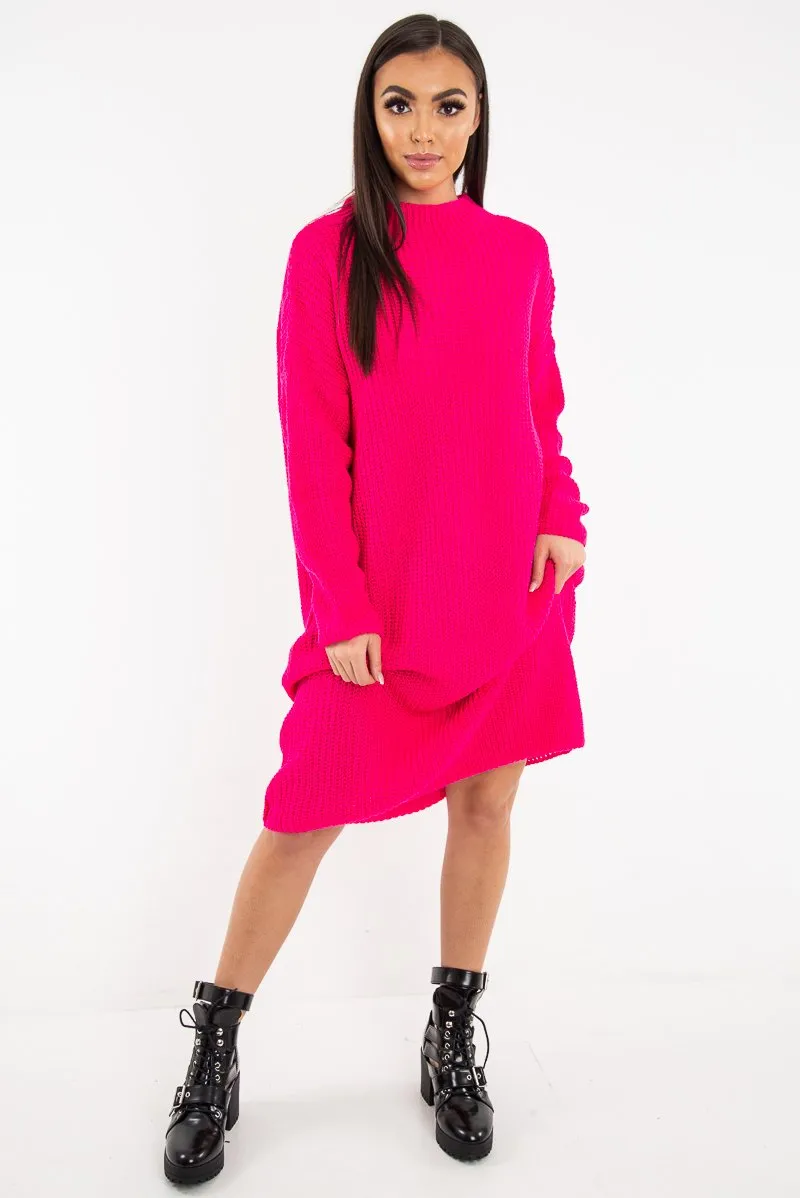 Fuchsia Chunky Knit Slash Neck Jumper Dress - Hessie