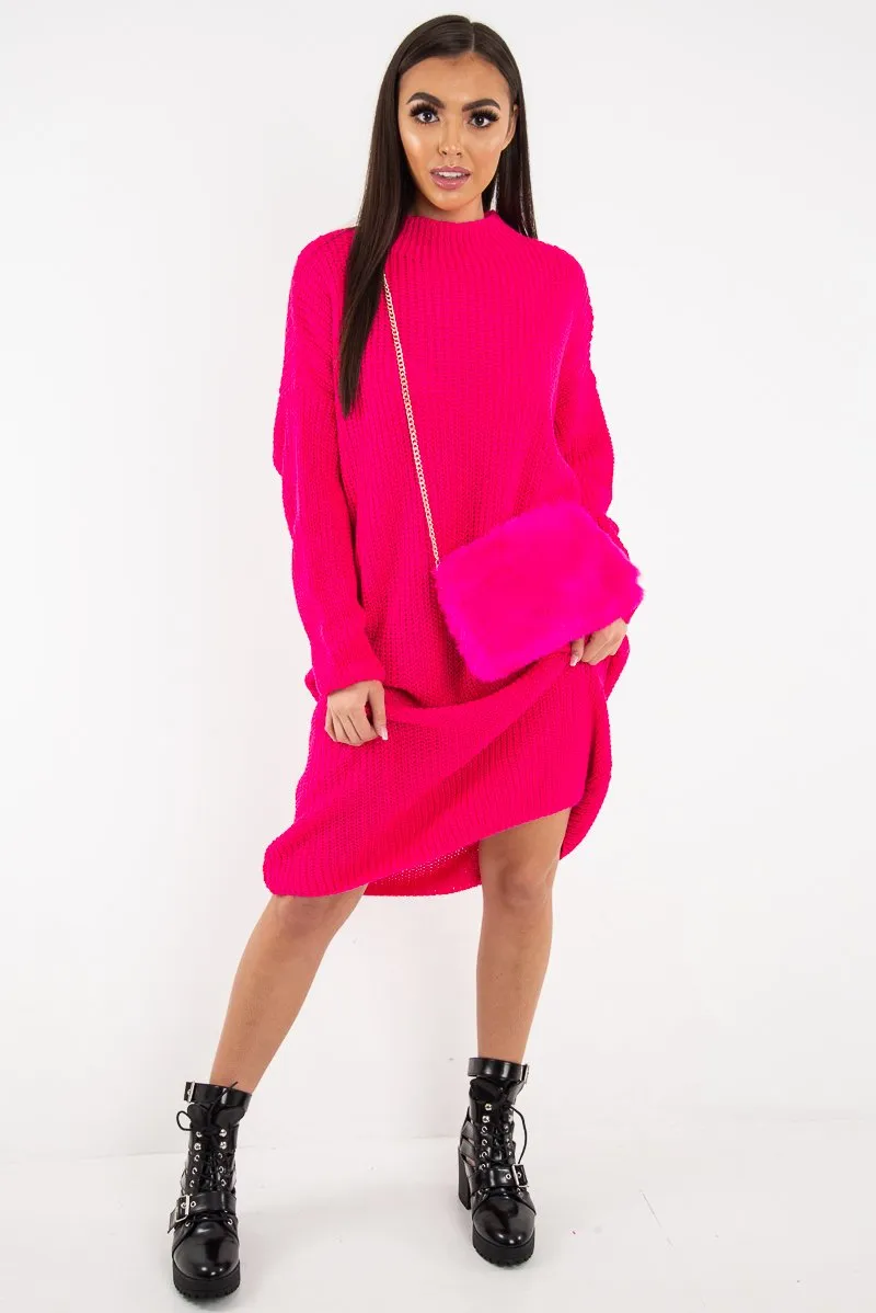 Fuchsia Chunky Knit Slash Neck Jumper Dress - Hessie