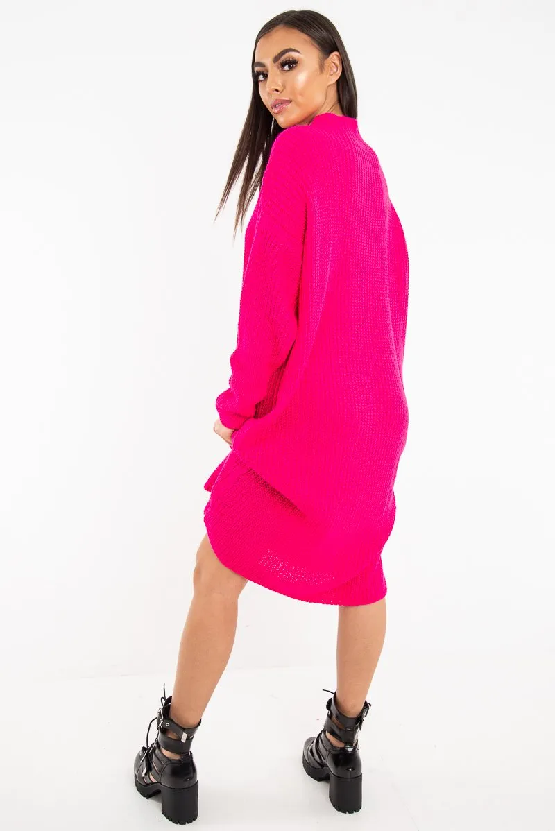 Fuchsia Chunky Knit Slash Neck Jumper Dress - Hessie