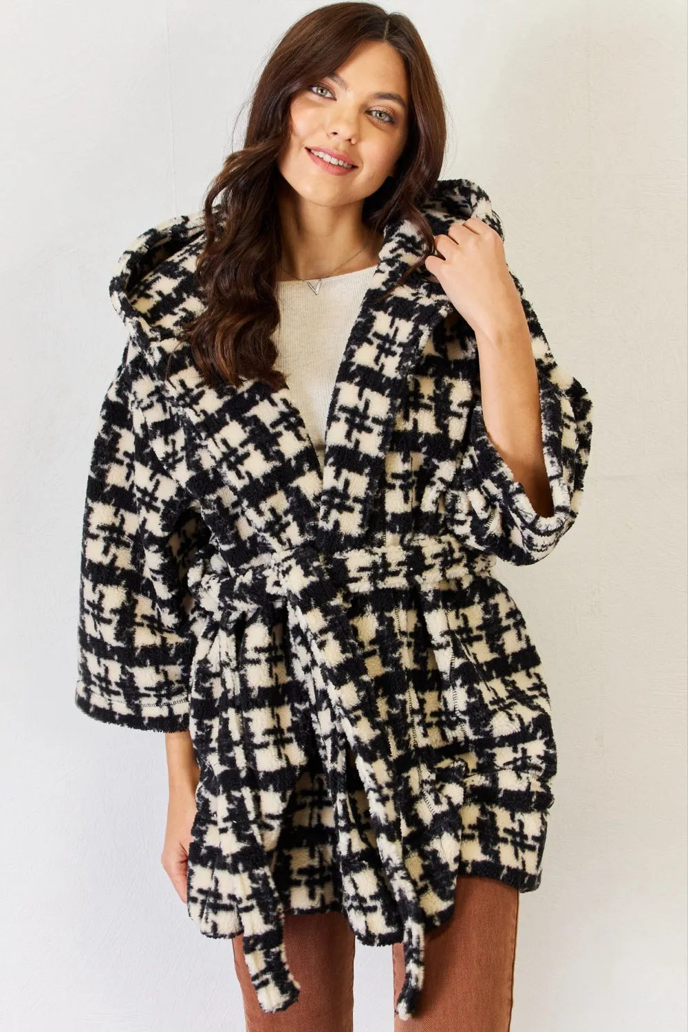 Fuzzy Jacket Black and White Pattern Plaid Waist Tie Hooded Women's Coat